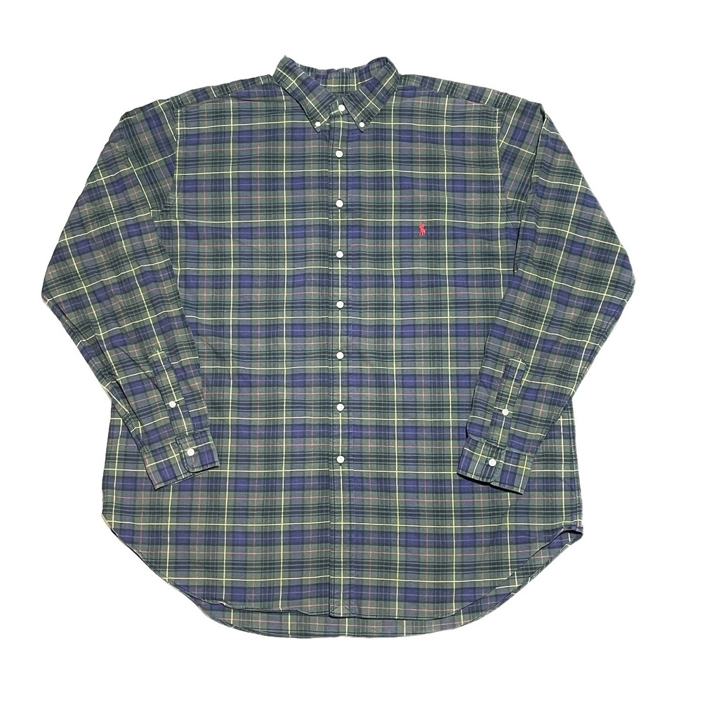 Ralph Lauren Classic Fit Men's XXL Green Blue Plaid Long Sleeve Shirt Cotton
